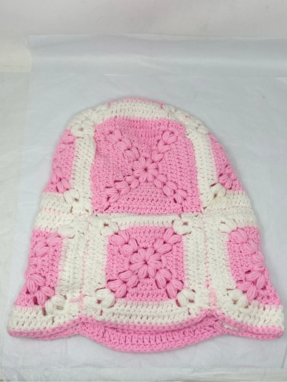 Handmade Crochet Knit Granny Square Balaclava Hood Scarf Floral Pink & White